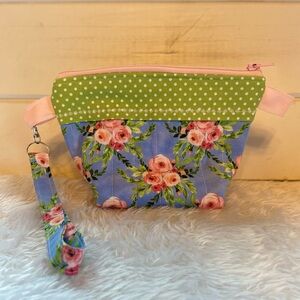 Handmade Floral Wristlet Pouch with Matching Keychain Wrist Strap